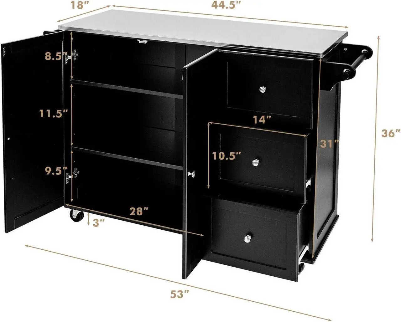 Alt view image 4 of 7 - SlickBlue Kitchen Island 2-Door Storage Cabinet with Drawers and Stainless Steel Top-Black