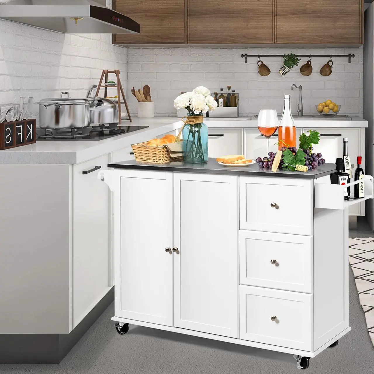 Alt view image 7 of 7 - SlickBlue Kitchen Island 2-Door Storage Cabinet with Drawers and Stainless Steel Top-White