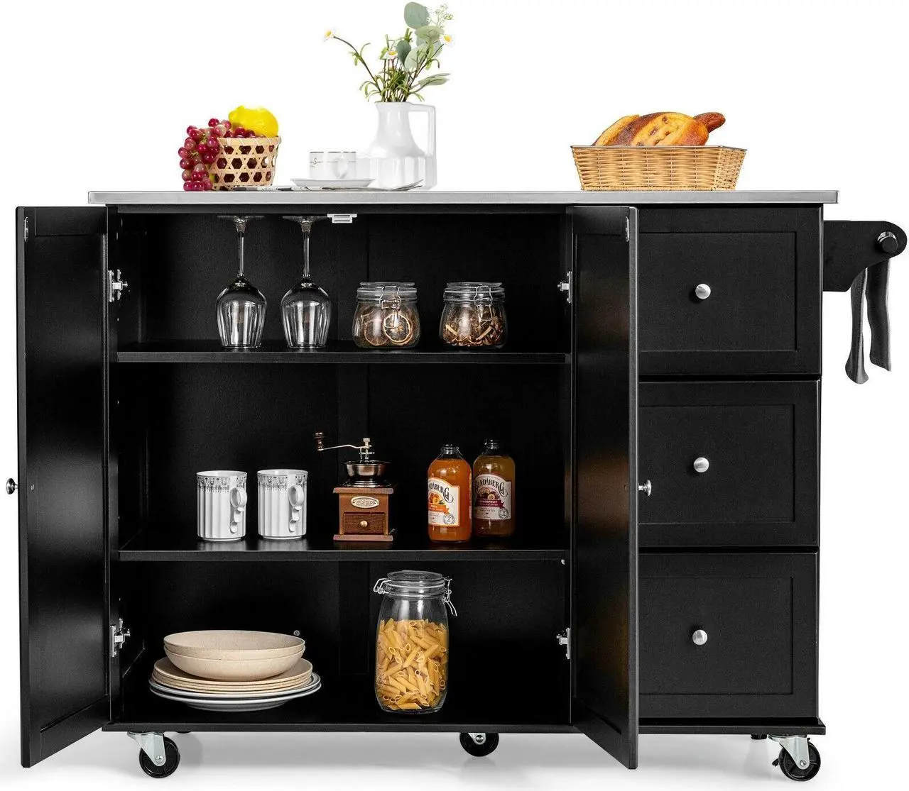 Alt view image 6 of 7 - SlickBlue Kitchen Island 2-Door Storage Cabinet with Drawers and Stainless Steel Top-Black