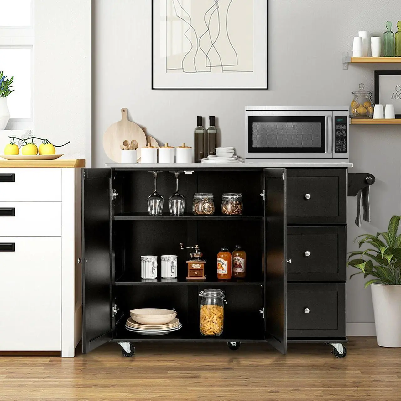 Alt view image 3 of 7 - SlickBlue Kitchen Island 2-Door Storage Cabinet with Drawers and Stainless Steel Top-Black