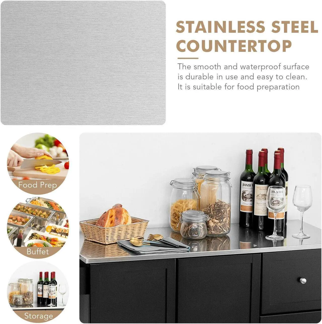 Alt view image 7 of 7 - SlickBlue Kitchen Island 2-Door Storage Cabinet with Drawers and Stainless Steel Top-Black