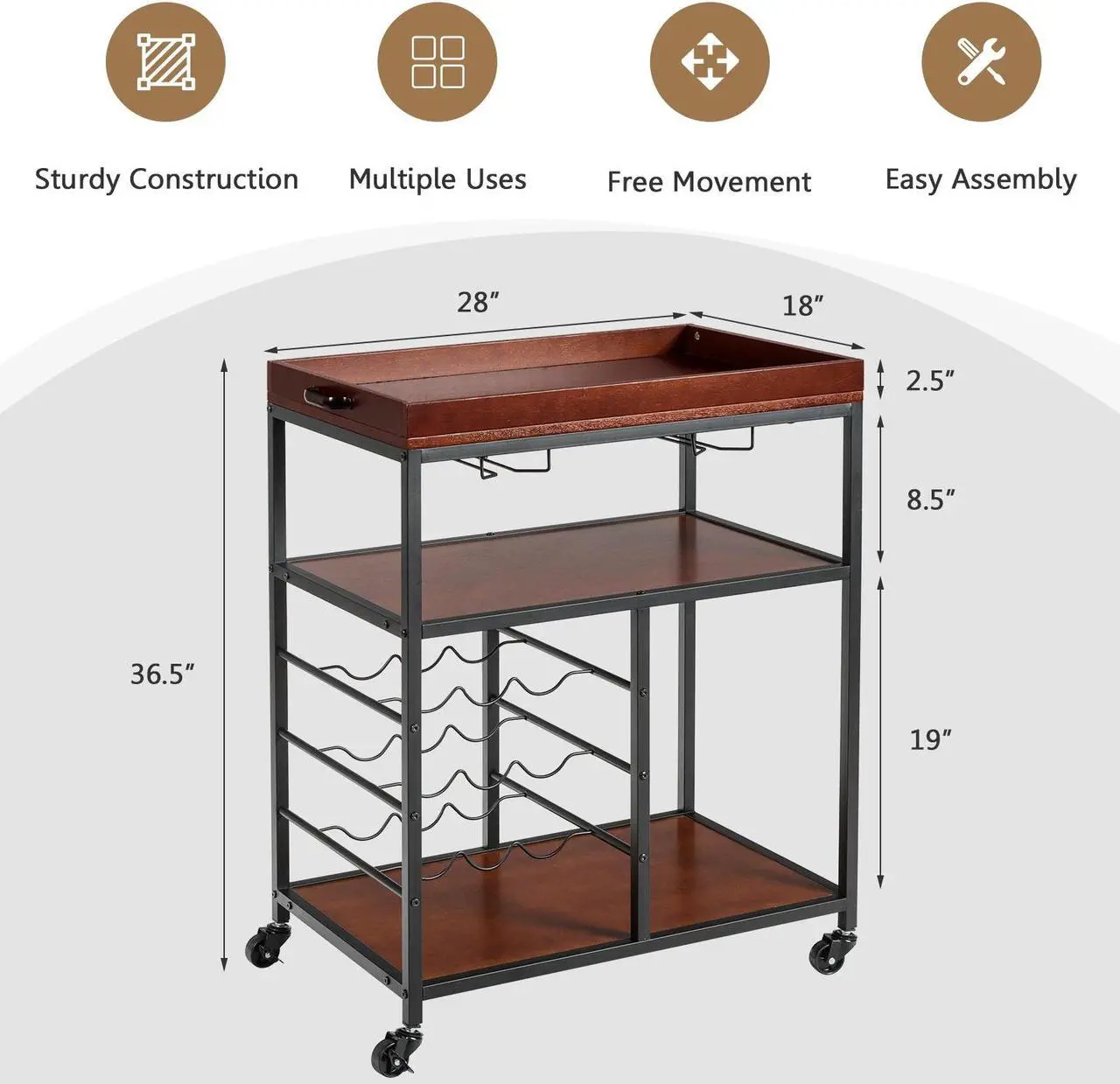 Alt view image 4 of 7 - SlickBlue 3 Tiers Storage Bar Serving Cart with Wine Rack