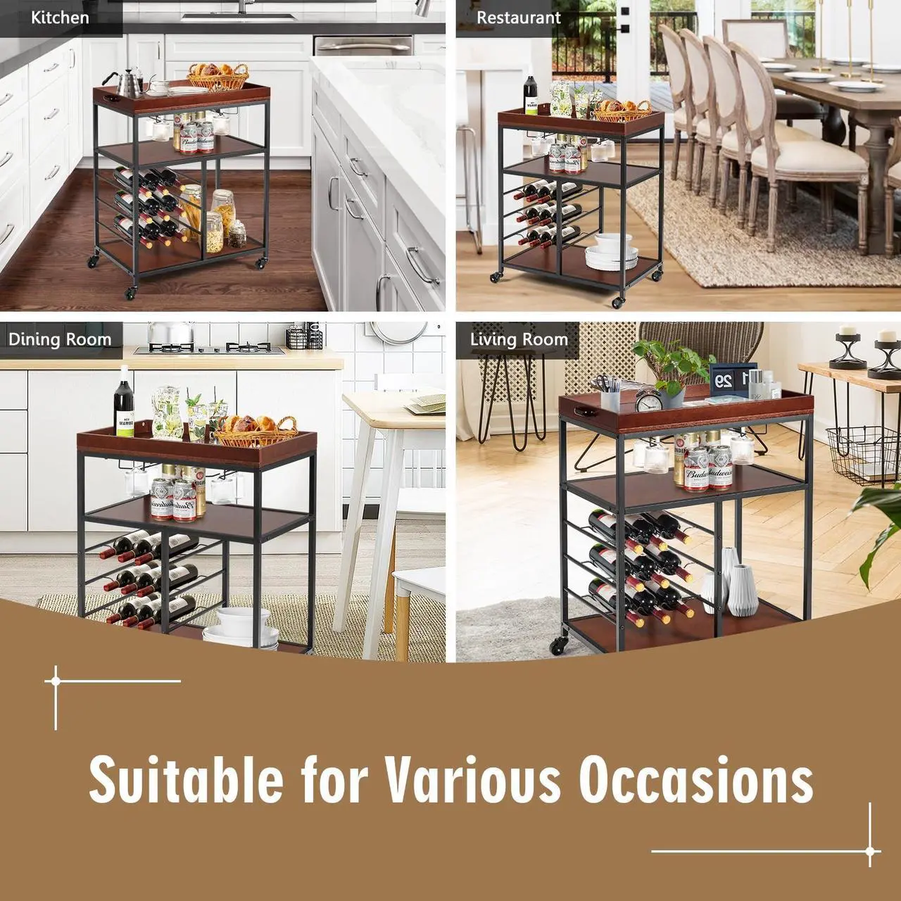 Alt view image 5 of 7 - SlickBlue 3 Tiers Storage Bar Serving Cart with Wine Rack