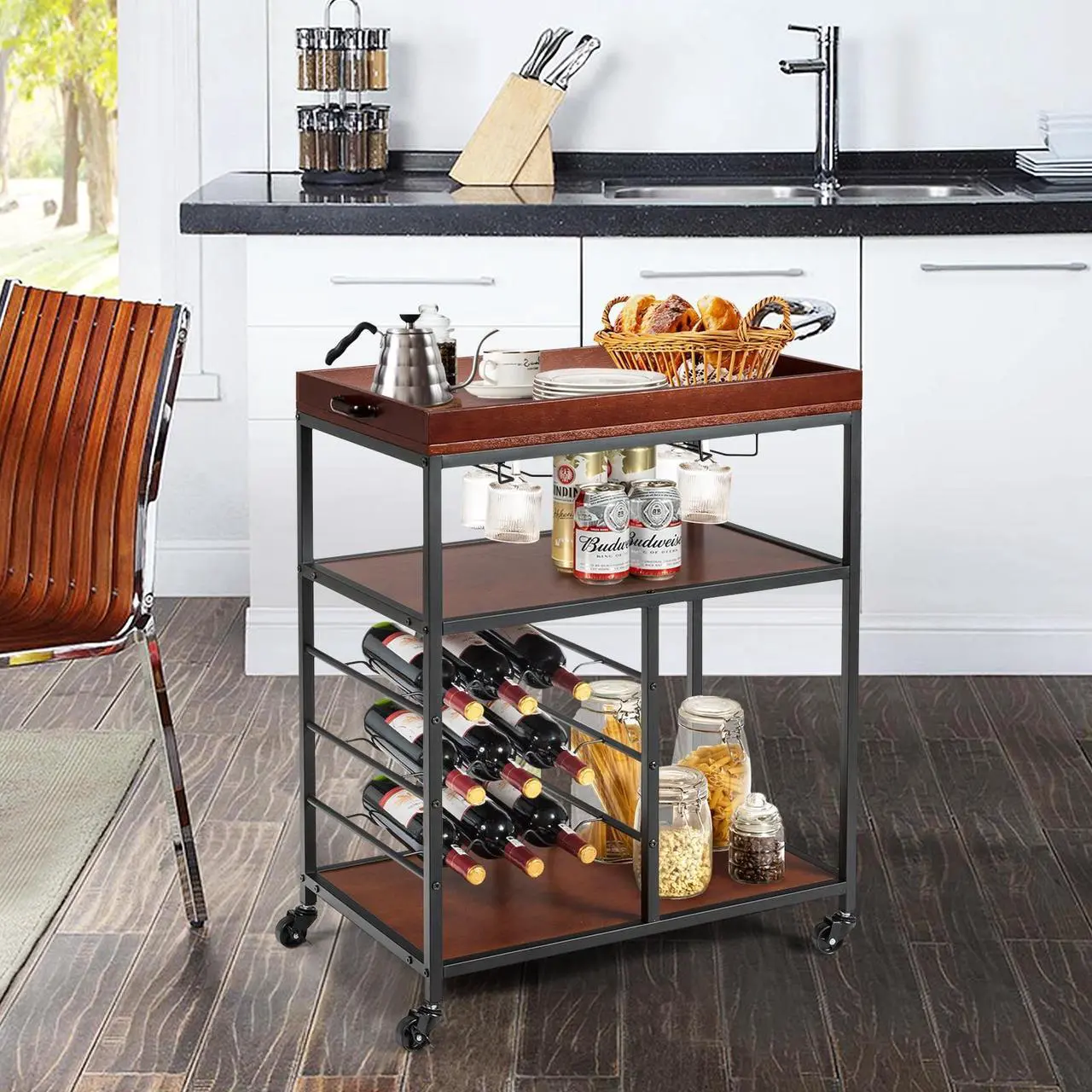Alt view image 2 of 7 - SlickBlue 3 Tiers Storage Bar Serving Cart with Wine Rack