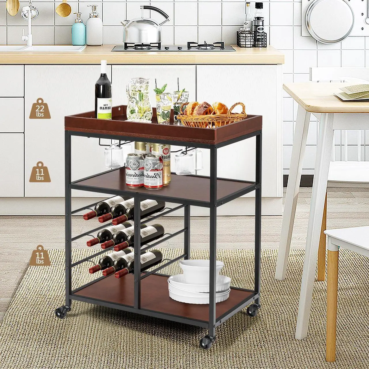 Alt view image 7 of 7 - SlickBlue 3 Tiers Storage Bar Serving Cart with Wine Rack