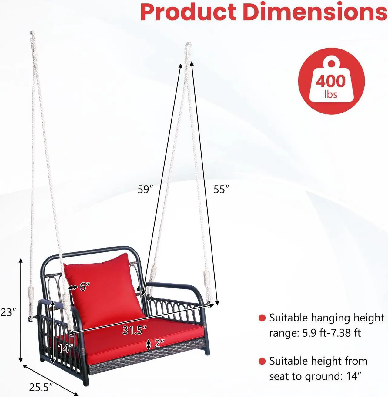 Alt view image 5 of 7 - SlickBlue Patio Rattan Porch Swing Hammock Chair with Seat Cushion-Red
