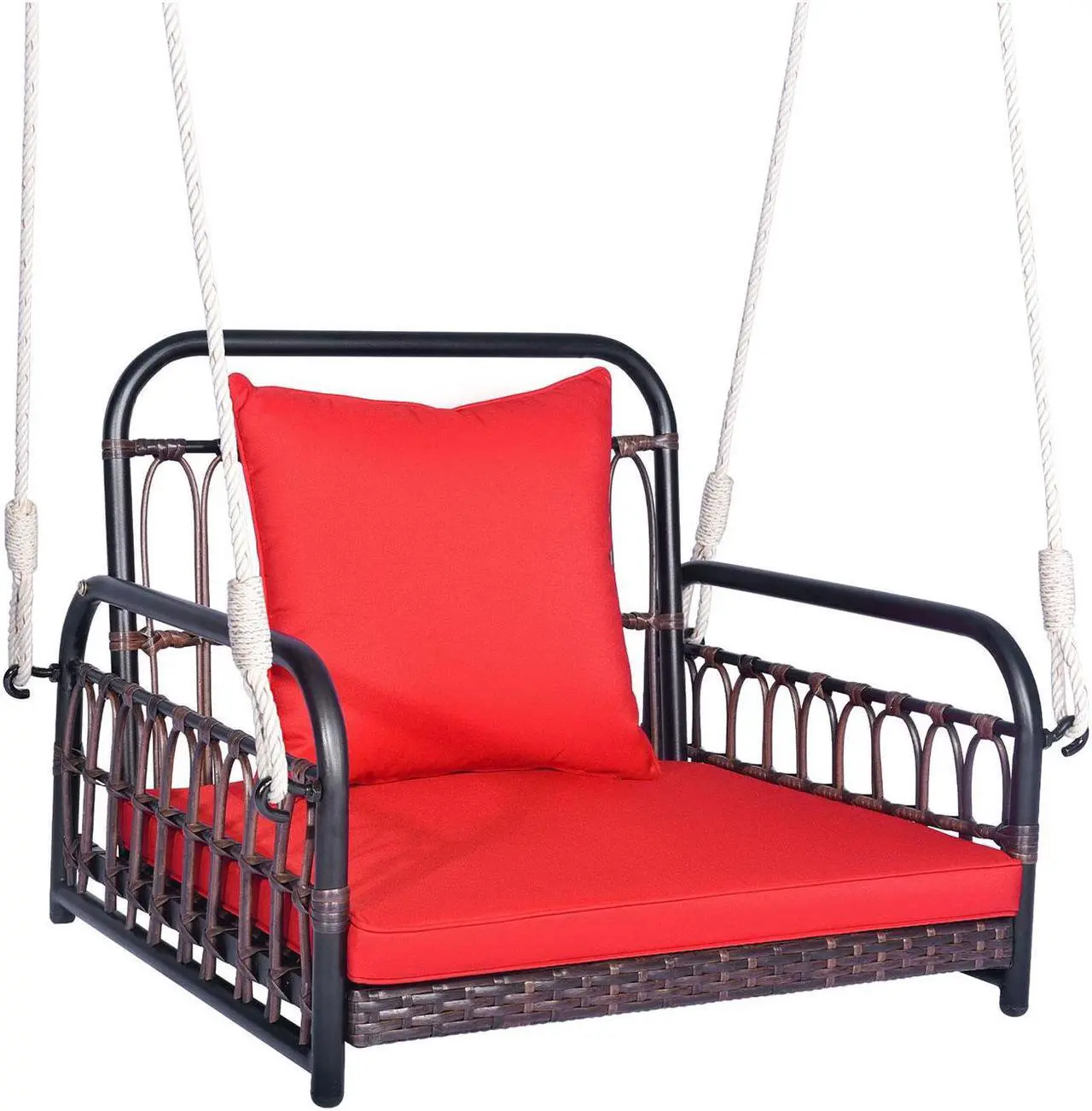 Alt view image 4 of 7 - SlickBlue Patio Rattan Porch Swing Hammock Chair with Seat Cushion-Red