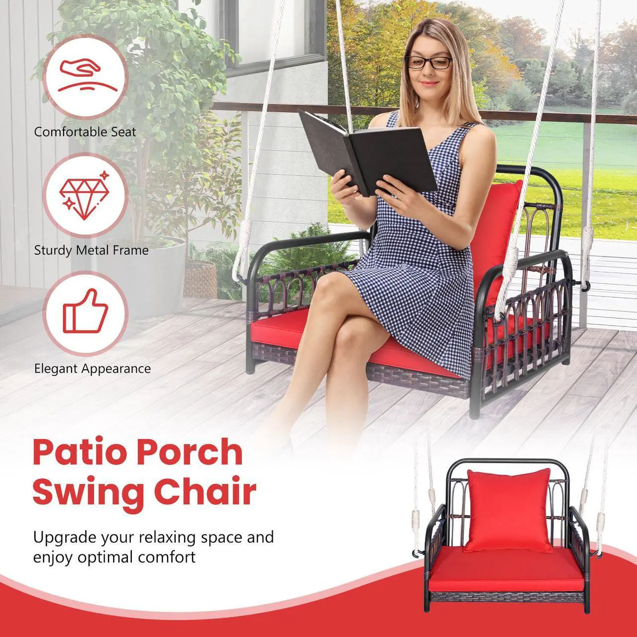 Alt view image 6 of 7 - SlickBlue Patio Rattan Porch Swing Hammock Chair with Seat Cushion-Red