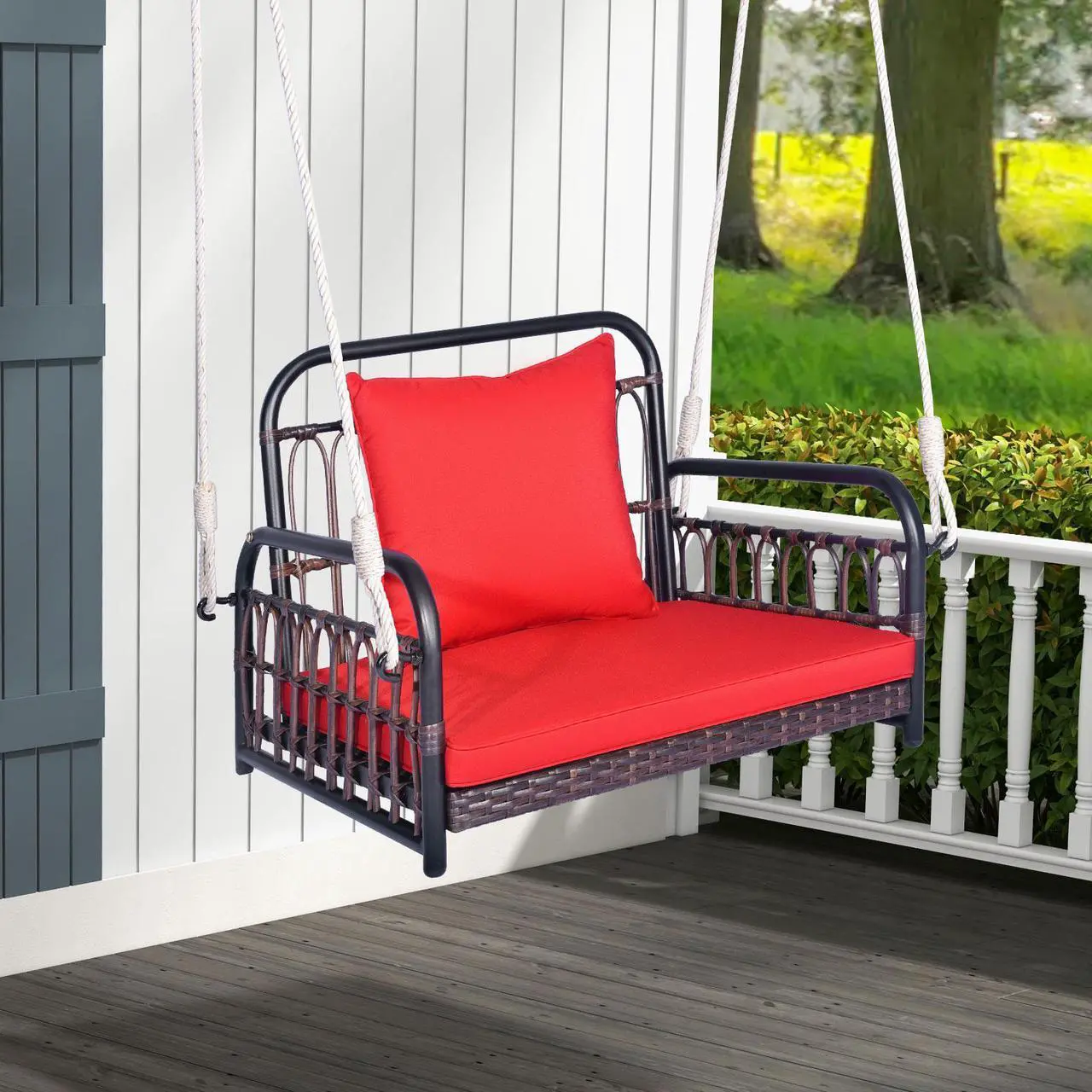 Alt view image 3 of 7 - SlickBlue Patio Rattan Porch Swing Hammock Chair with Seat Cushion-Red