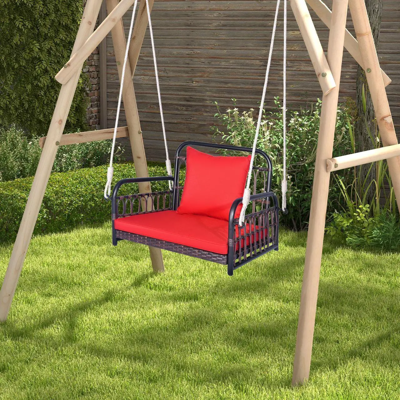Alt view image 2 of 7 - SlickBlue Patio Rattan Porch Swing Hammock Chair with Seat Cushion-Red