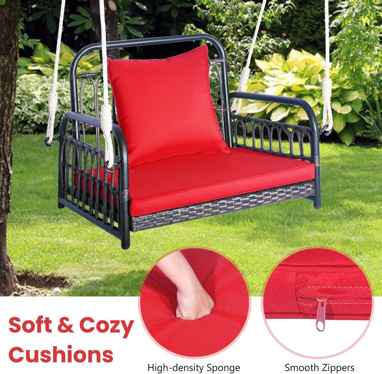 Alt view image 7 of 7 - SlickBlue Patio Rattan Porch Swing Hammock Chair with Seat Cushion-Red