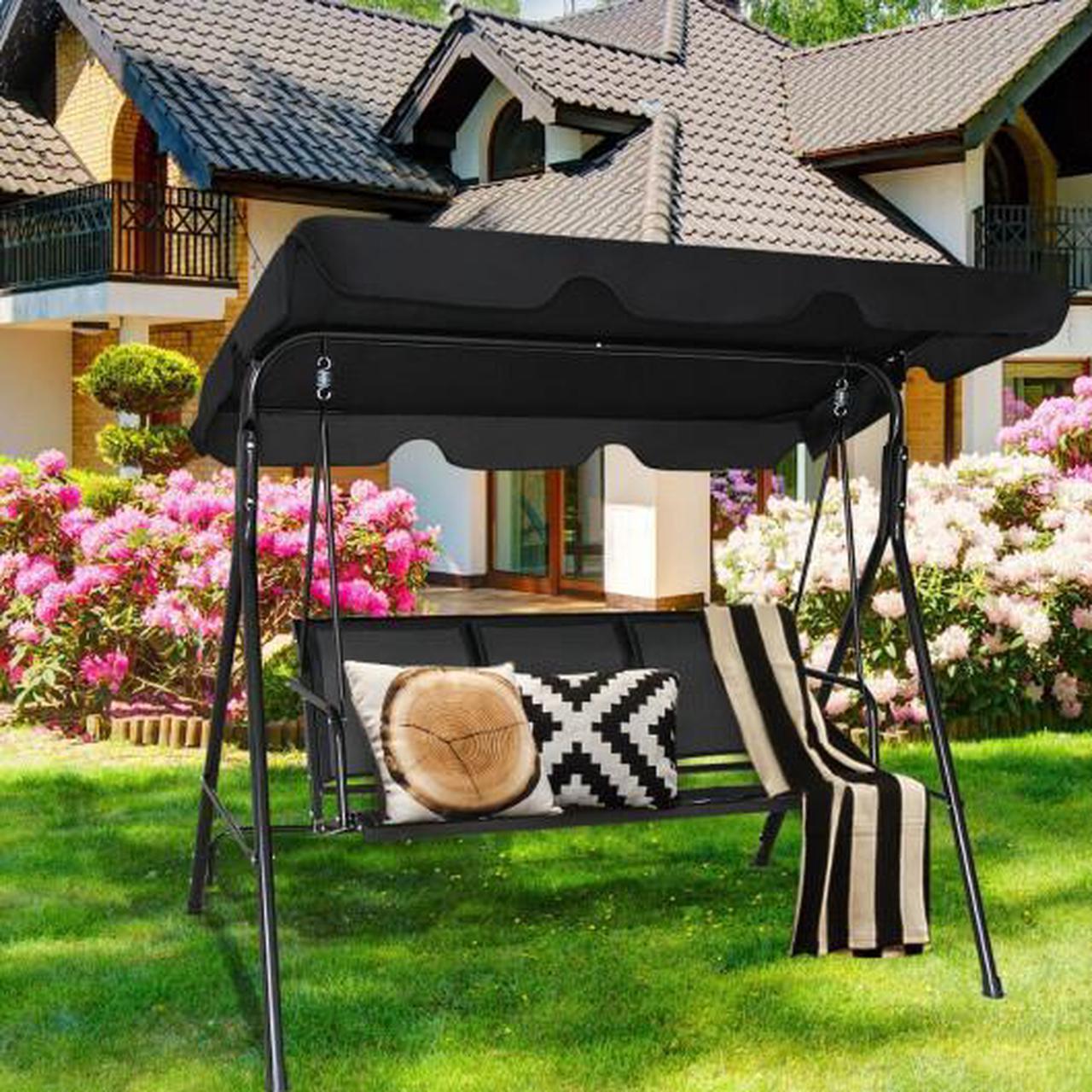 Alt view image 2 of 4 - SlickBlue Outdoor Patio Swing Canopy 3 Person Canopy Swing Chair-Black