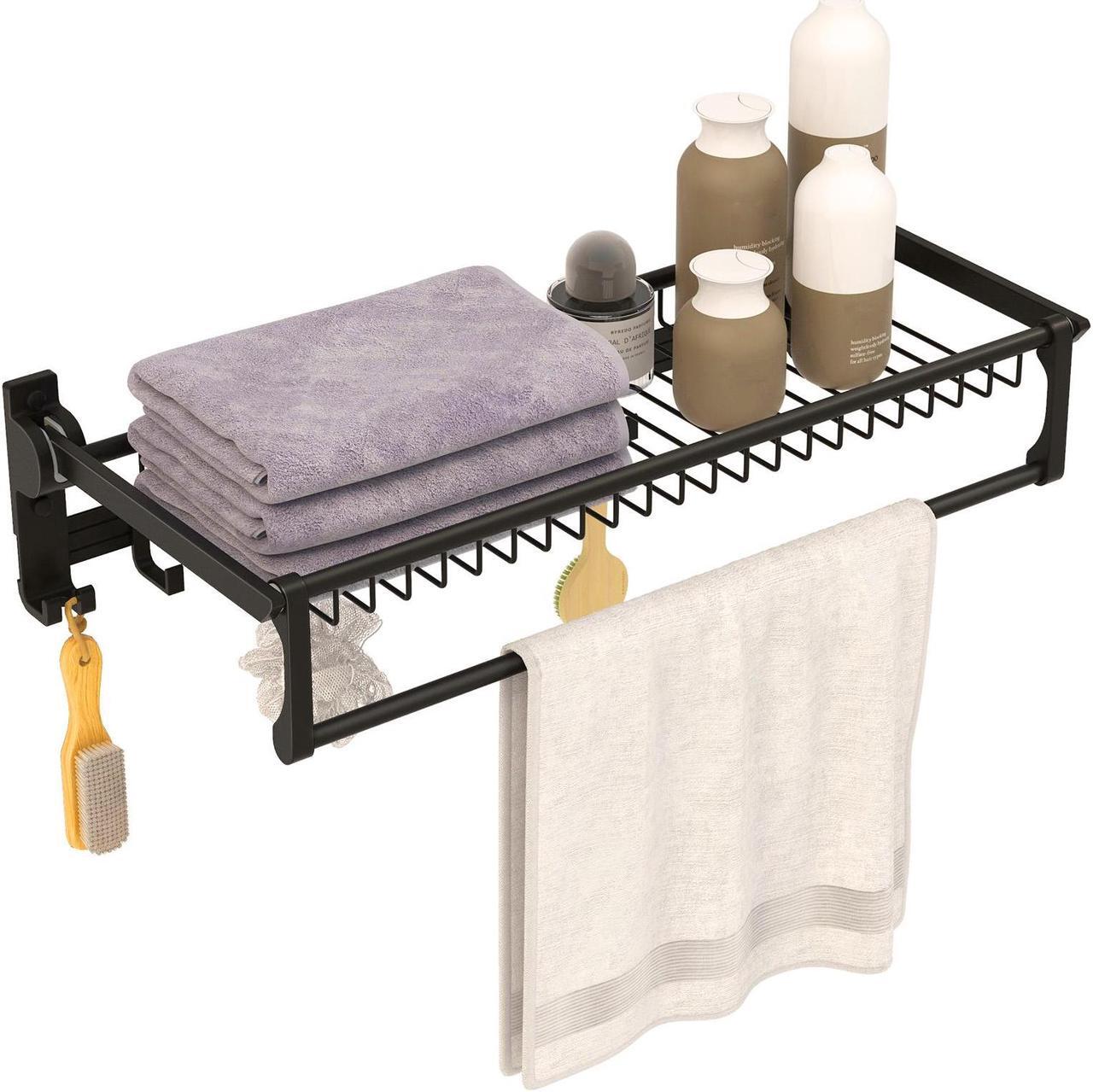 Alt view image 2 of 7 - SlickBlue Wall Mounted Towel Shelf with Adjustable Towel Bar and Movable Hooks No Assembly Required