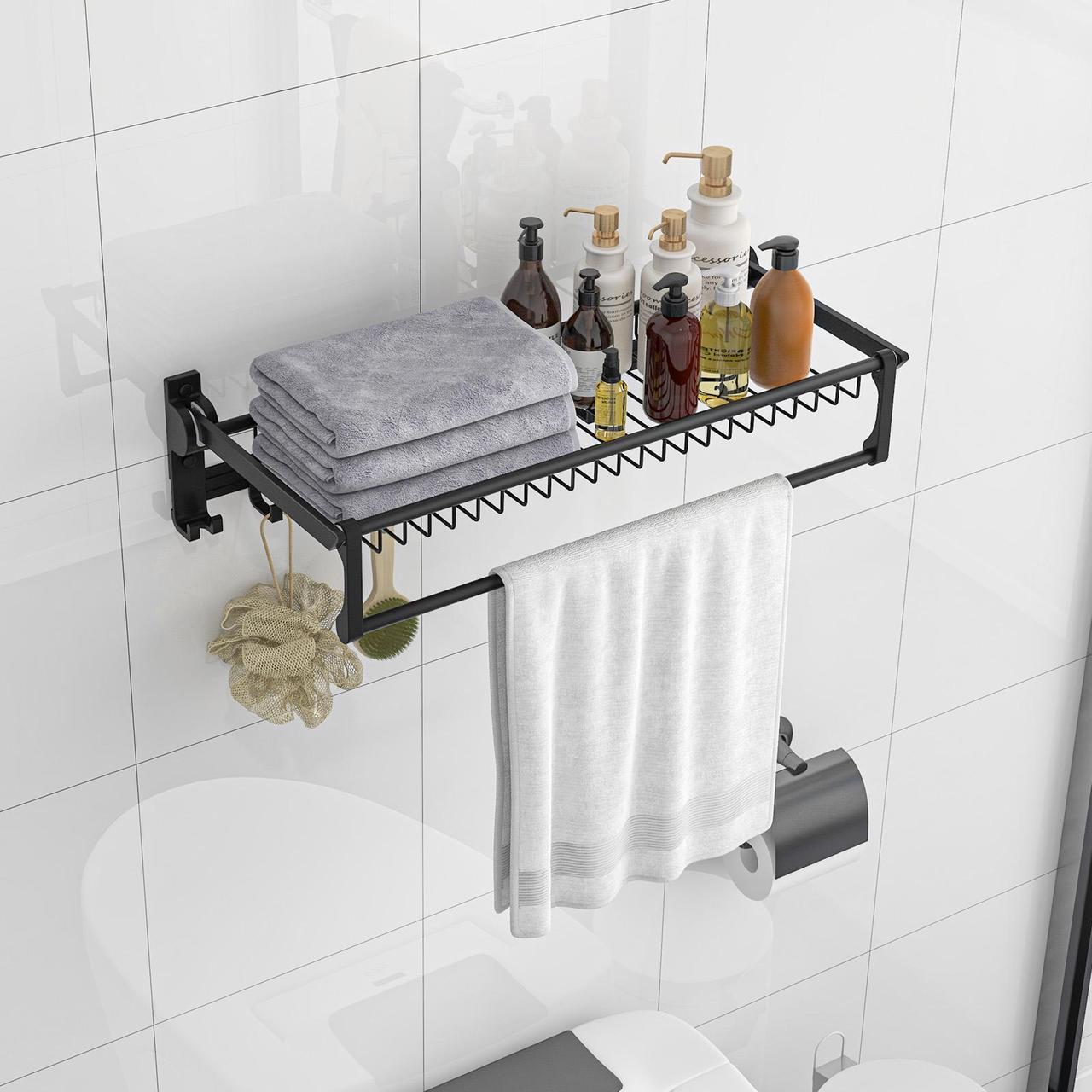 Alt view image 4 of 7 - SlickBlue Wall Mounted Towel Shelf with Adjustable Towel Bar and Movable Hooks No Assembly Required