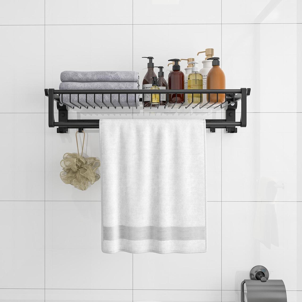 Alt view image 3 of 7 - SlickBlue Wall Mounted Towel Shelf with Adjustable Towel Bar and Movable Hooks No Assembly Required