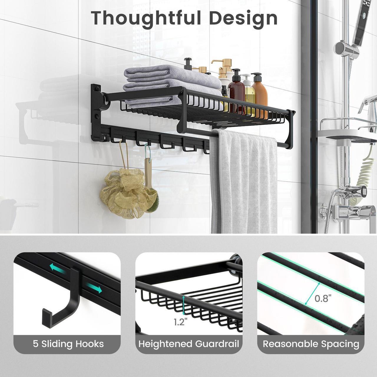 Alt view image 7 of 7 - SlickBlue Wall Mounted Towel Shelf with Adjustable Towel Bar and Movable Hooks No Assembly Required