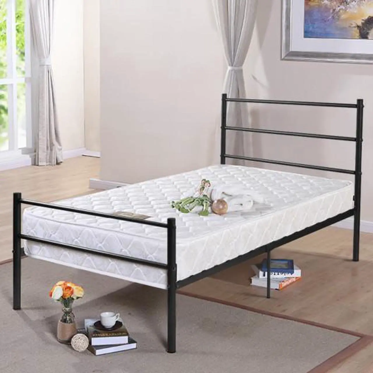 SlickBlue 77.5" x 39.9" x 35.0" Twin Size Metal Bed Frame 6 LegsBlack