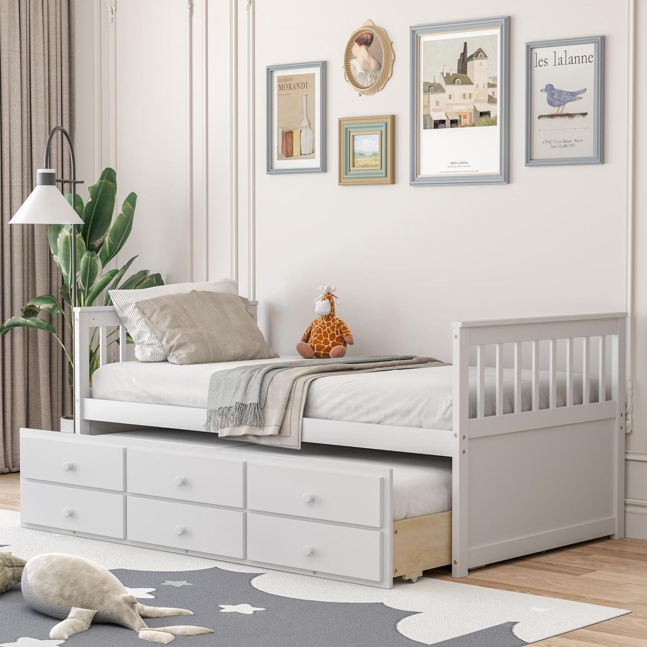 Alt view image 3 of 7 - SlickBlue Twin Captains Bed with Trundle and 3 Storage Drawers