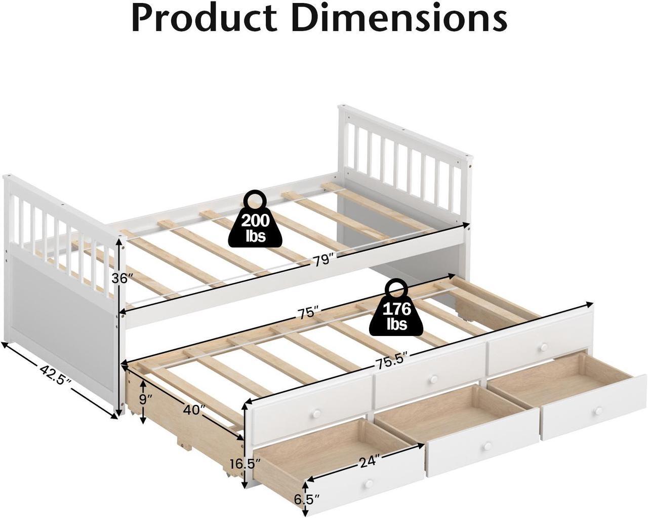Alt view image 5 of 7 - SlickBlue Twin Captains Bed with Trundle and 3 Storage Drawers
