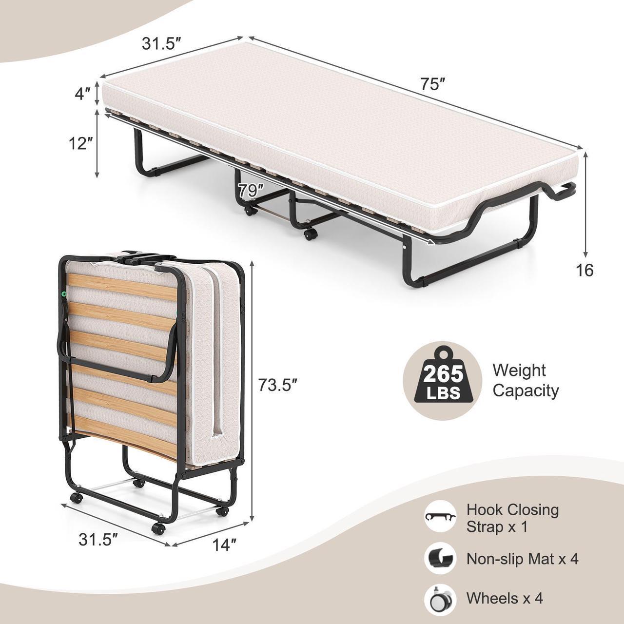 Alt view image 3 of 7 - SlickBlue Rollaway Folding Bed with Memory Foam Mattress