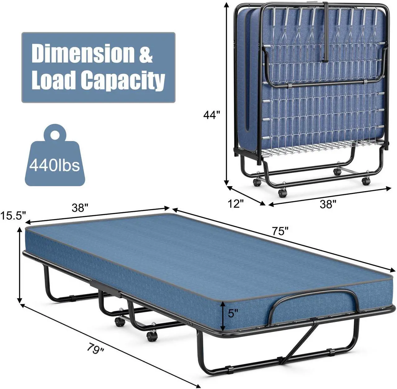 Alt view image 2 of 7 - SlickBlue Rollaway Guest Bed with Sturdy Steel Frame and Memory Foam Mattress