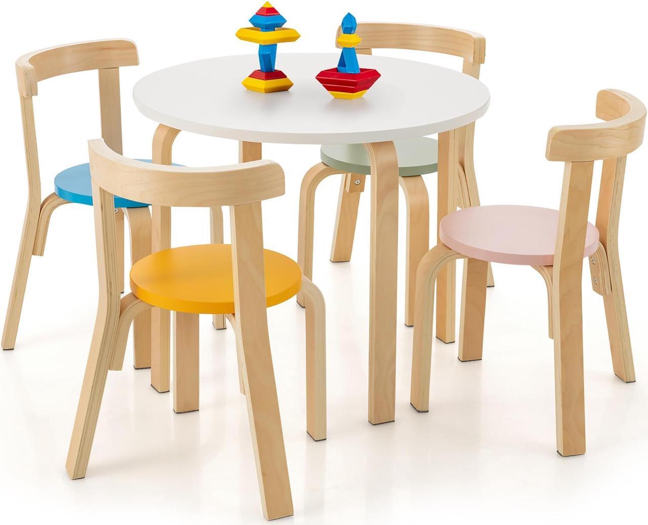 Alt view image 2 of 7 - SlickBlue 5-Piece Kids Wooden Curved Back Activity Table and Chair Set withToy Bricks