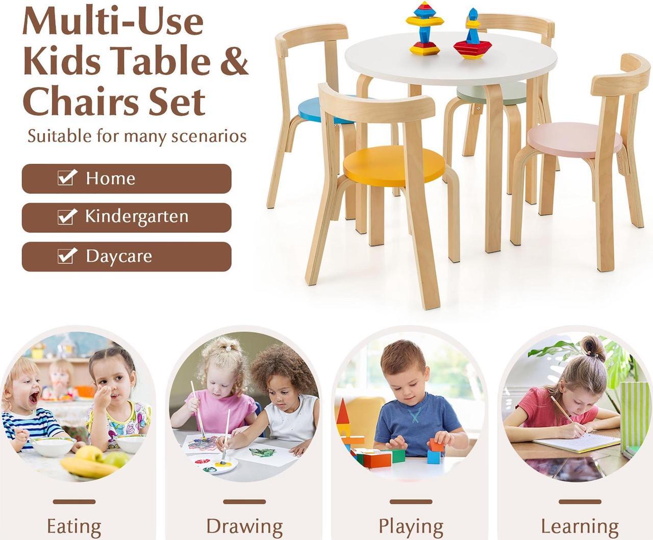 Alt view image 6 of 7 - SlickBlue 5-Piece Kids Wooden Curved Back Activity Table and Chair Set withToy Bricks