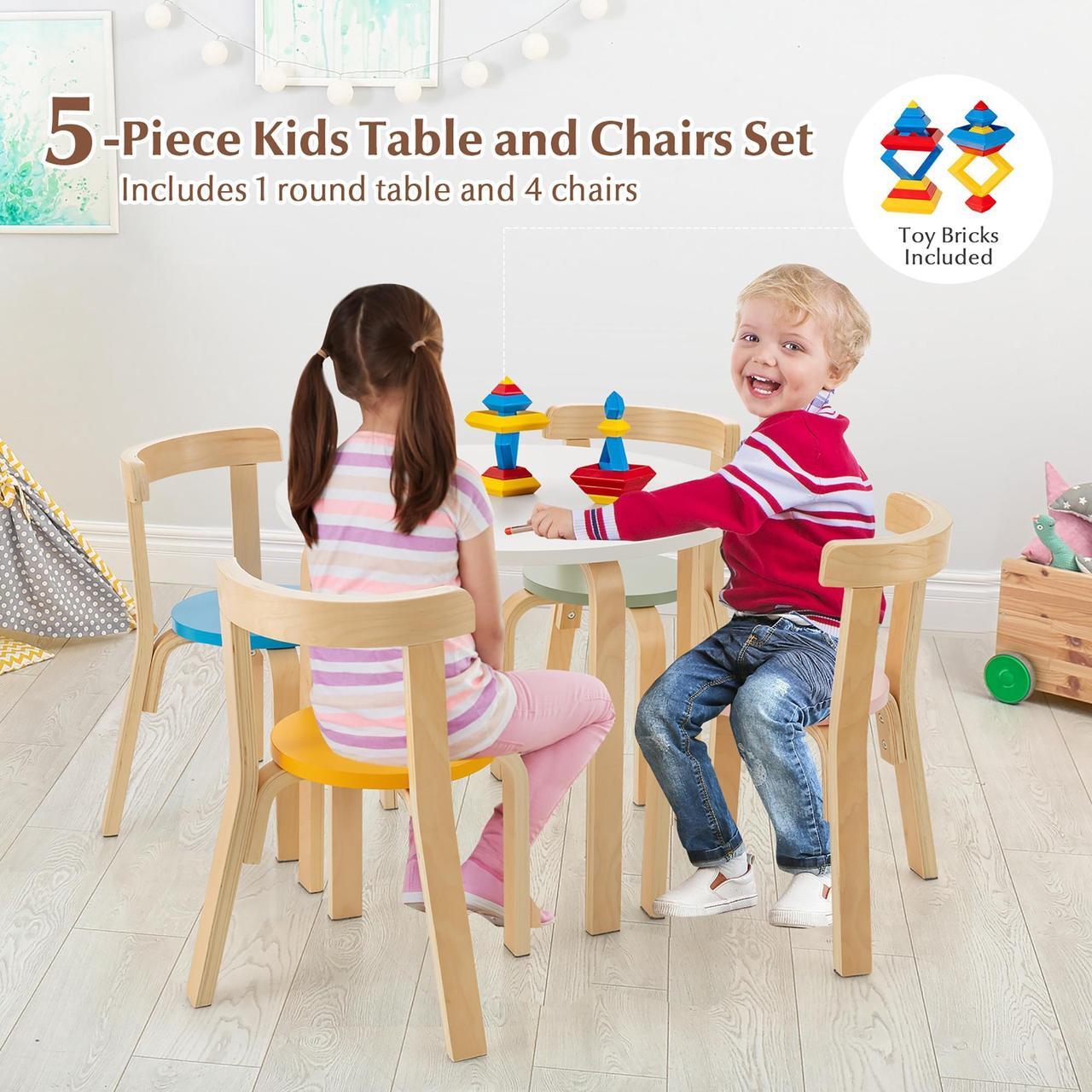 Alt view image 7 of 7 - SlickBlue 5-Piece Kids Wooden Curved Back Activity Table and Chair Set withToy Bricks