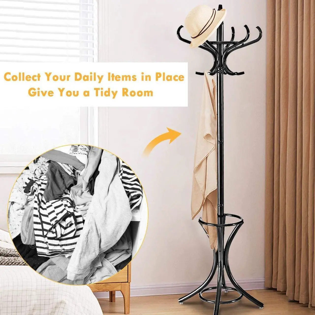 Alt view image 2 of 7 - SlickBlue Wood Standing Hat Coat Rack with Umbrella Stand