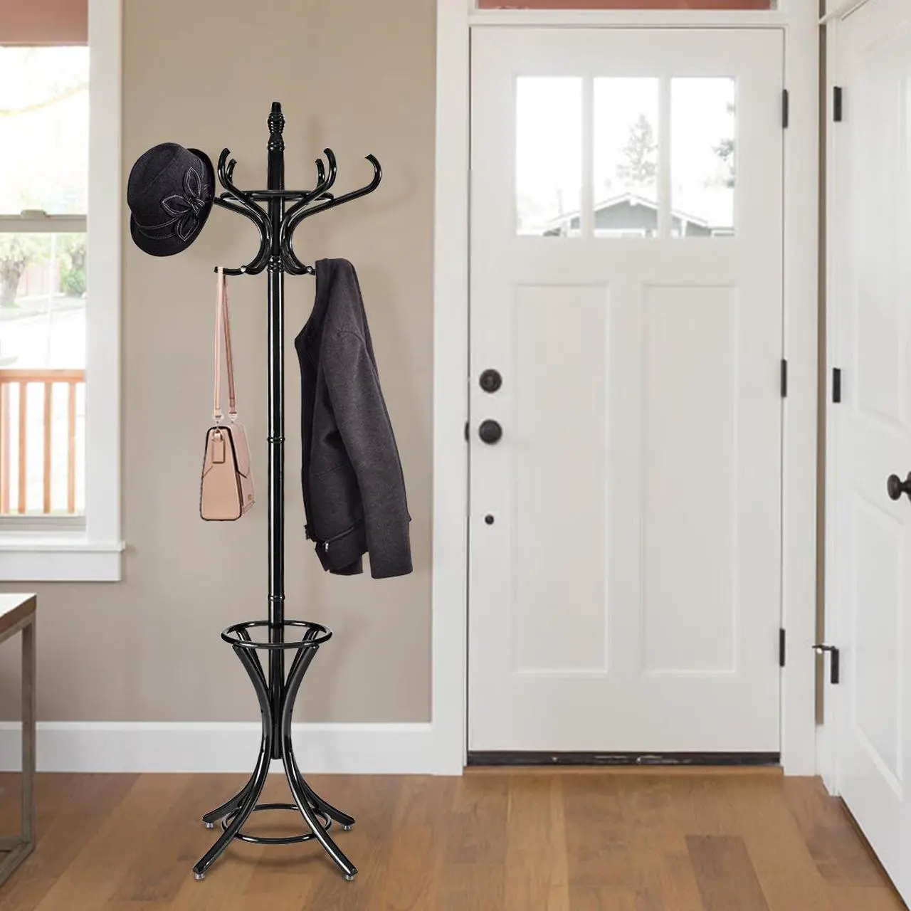 Alt view image 4 of 7 - SlickBlue Wood Standing Hat Coat Rack with Umbrella Stand