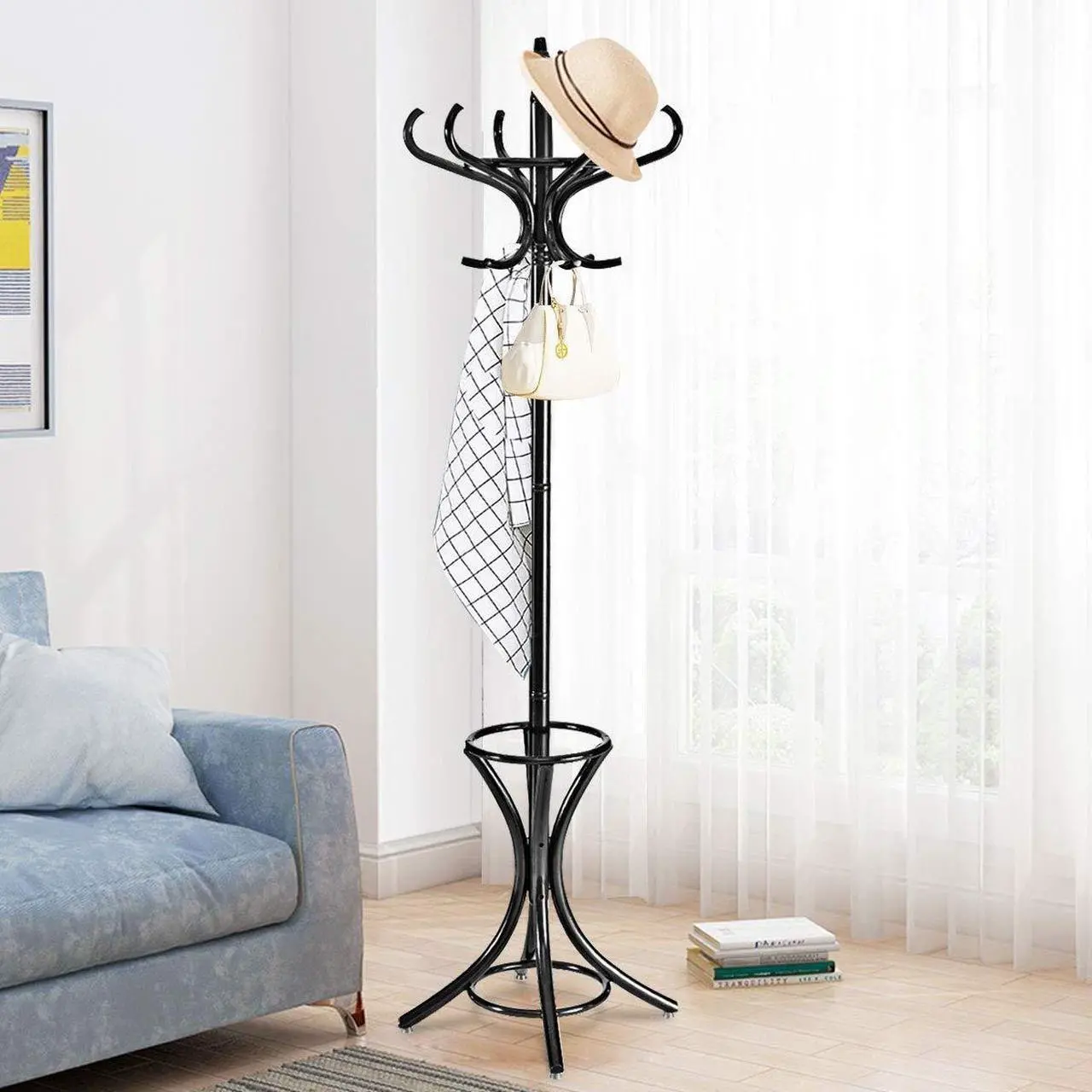 Alt view image 7 of 7 - SlickBlue Wood Standing Hat Coat Rack with Umbrella Stand
