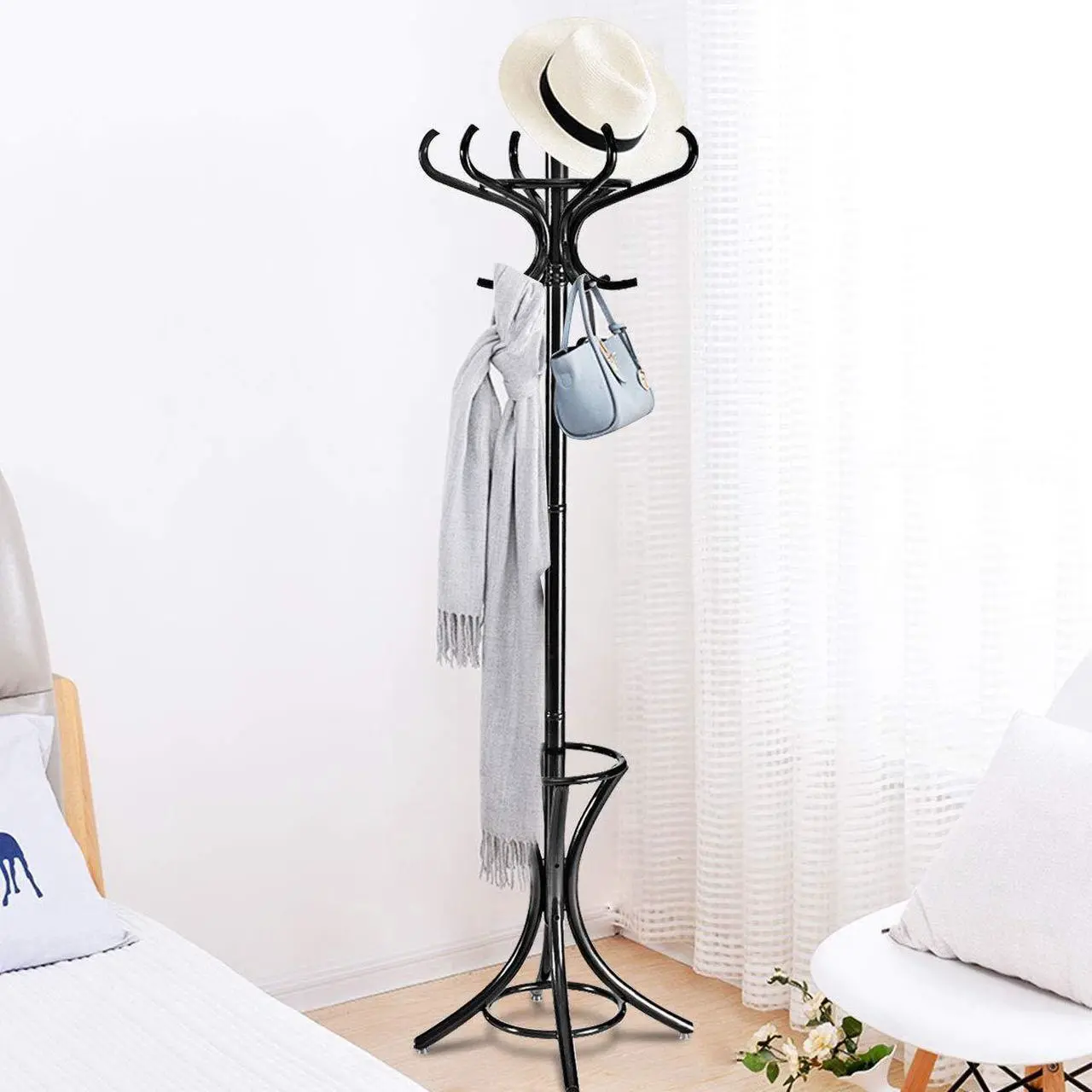 Alt view image 6 of 7 - SlickBlue Wood Standing Hat Coat Rack with Umbrella Stand