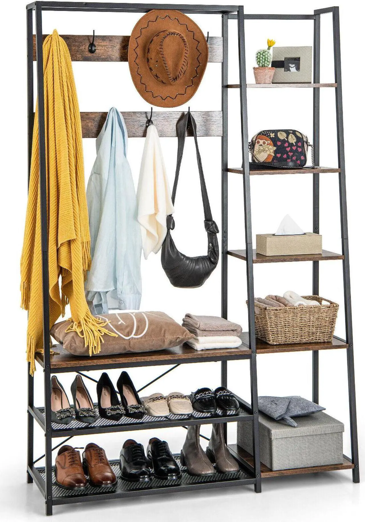 Main image of SlickBlue 5-in-1 Entryway Hall Tree with Storage Bench with 9 Hooks-Rustic Brown