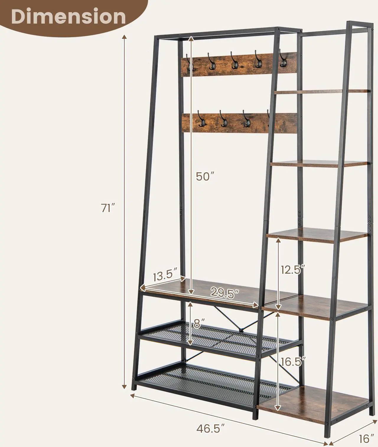 Alt view image 2 of 7 - SlickBlue 5-in-1 Entryway Hall Tree with Storage Bench with 9 Hooks-Rustic Brown
