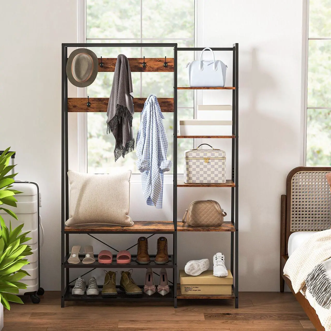 Alt view image 3 of 7 - SlickBlue 5-in-1 Entryway Hall Tree with Storage Bench with 9 Hooks-Rustic Brown