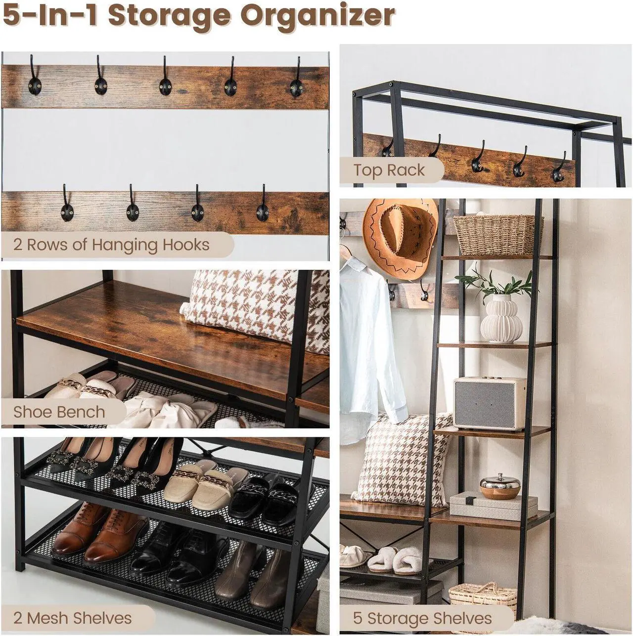 Alt view image 5 of 7 - SlickBlue 5-in-1 Entryway Hall Tree with Storage Bench with 9 Hooks-Rustic Brown