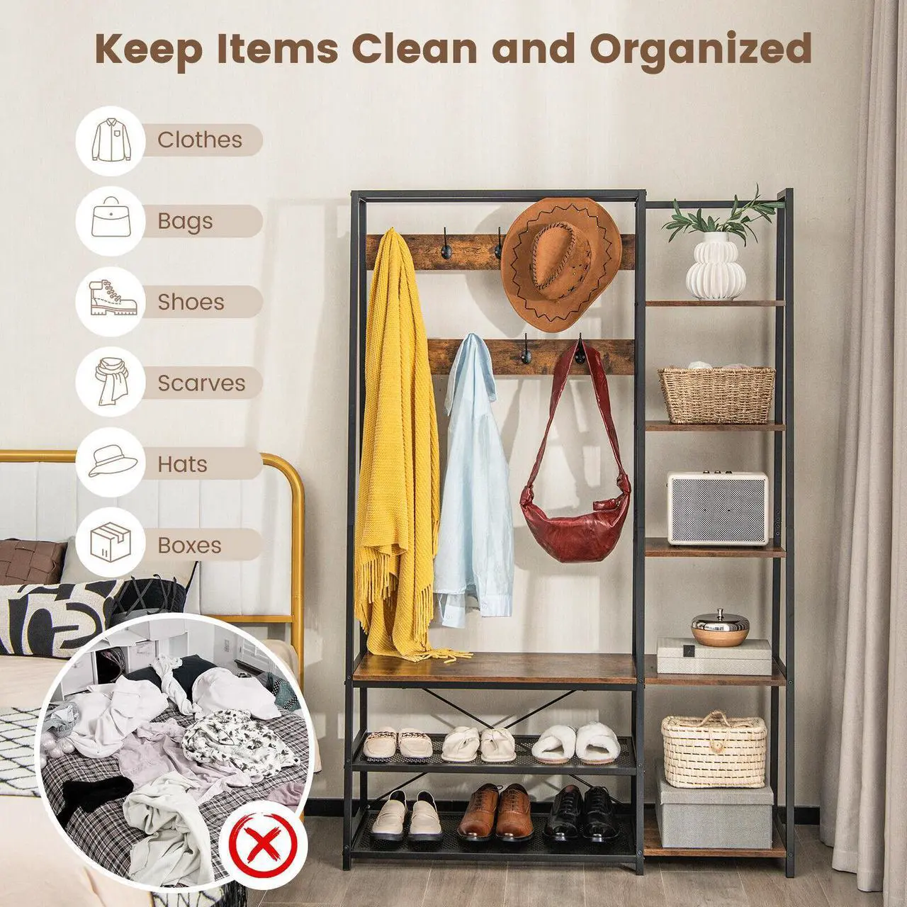Alt view image 6 of 7 - SlickBlue 5-in-1 Entryway Hall Tree with Storage Bench with 9 Hooks-Rustic Brown