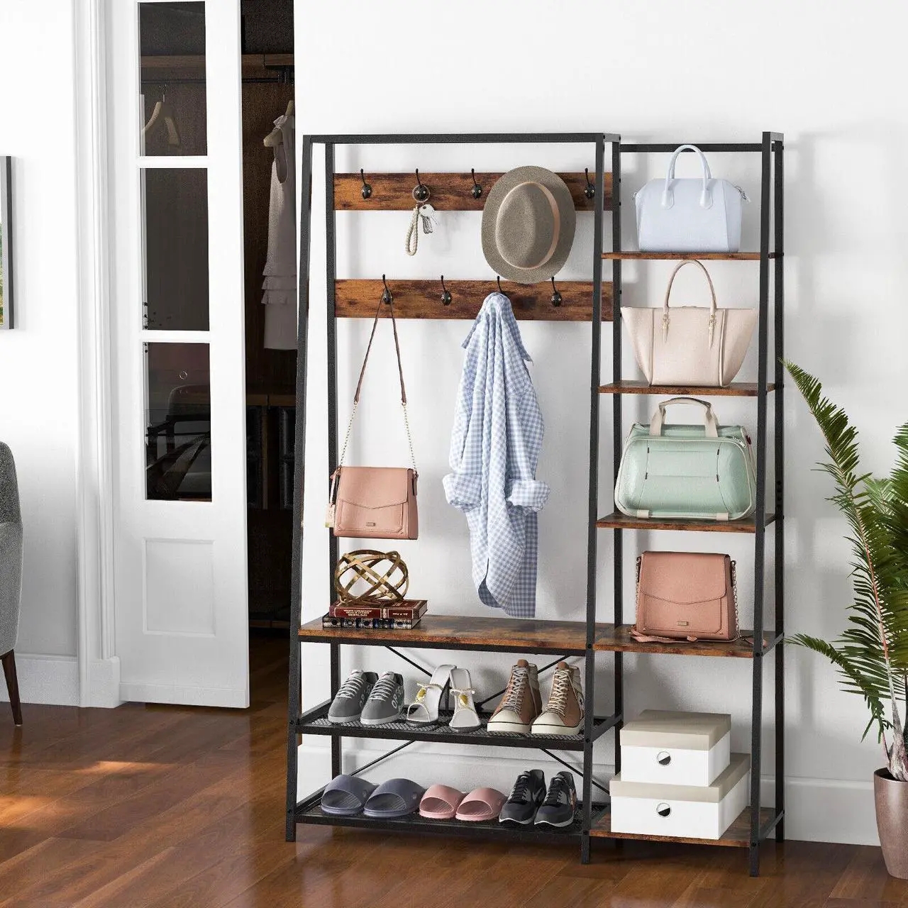 Alt view image 4 of 7 - SlickBlue 5-in-1 Entryway Hall Tree with Storage Bench with 9 Hooks-Rustic Brown
