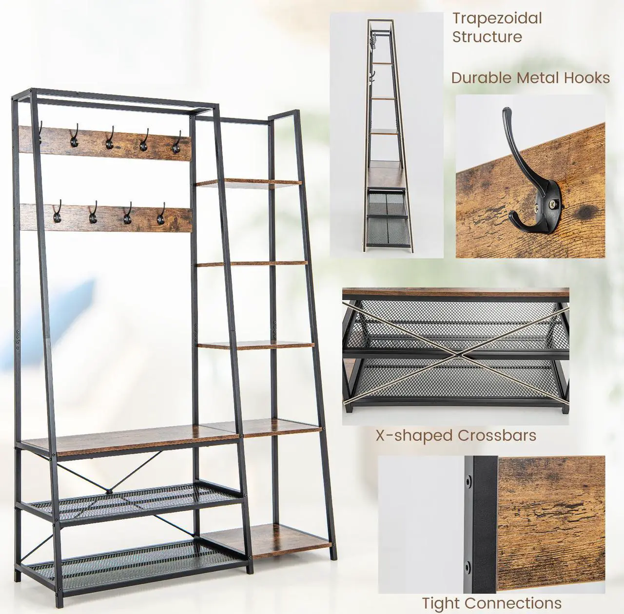 Alt view image 7 of 7 - SlickBlue 5-in-1 Entryway Hall Tree with Storage Bench with 9 Hooks-Rustic Brown