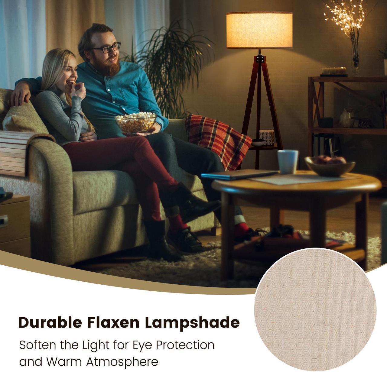 Alt view image 5 of 7 - SlickBlue Tripod Floor Lamp Wood Standing Lamp with Flaxen Lamp Shade and E26 Lamp Base-Brown