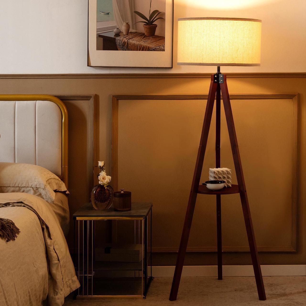 Alt view image 2 of 7 - SlickBlue Tripod Floor Lamp Wood Standing Lamp with Flaxen Lamp Shade and E26 Lamp Base-Brown