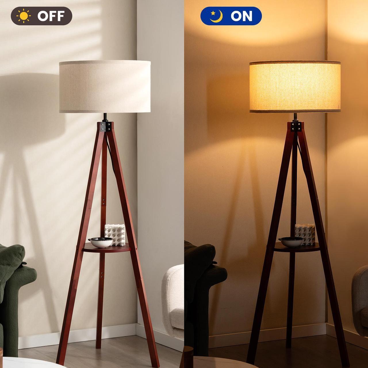 Alt view image 6 of 7 - SlickBlue Tripod Floor Lamp Wood Standing Lamp with Flaxen Lamp Shade and E26 Lamp Base-Brown