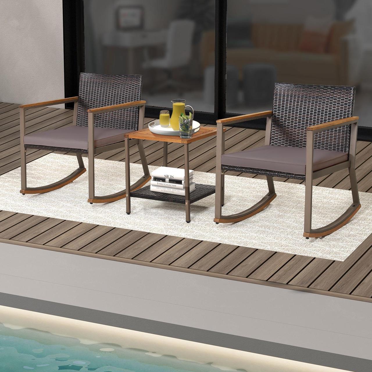 Alt view image 4 of 7 - SlickBlue 3 Pieces Rattan Rocking Bistro Set with Coffee Table and Cushions