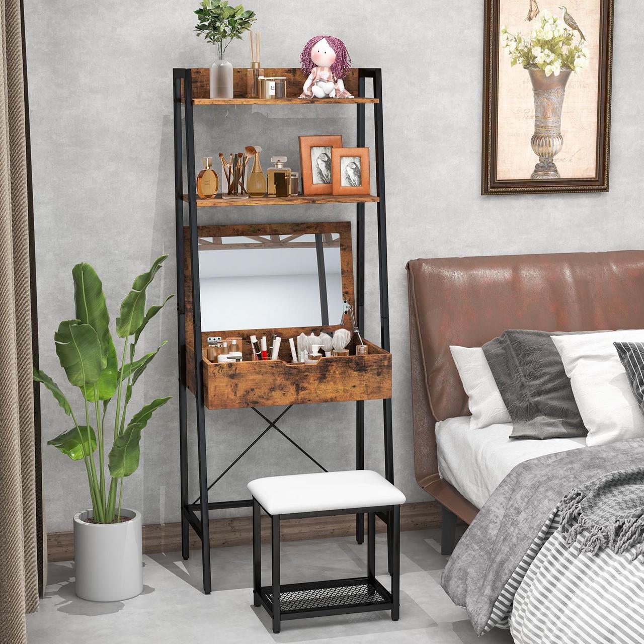 Alt view image 3 of 7 - SlickBlue Ladder Vanity Desk Set with Flip Top Mirror and Cushioned Stool