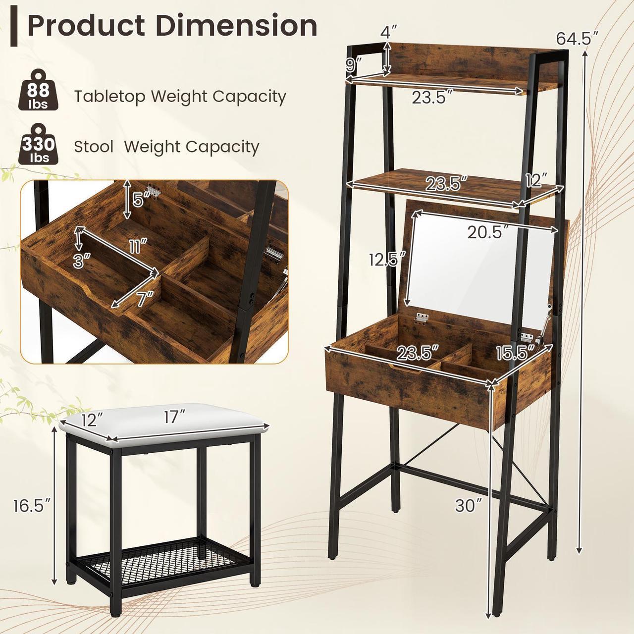 Alt view image 5 of 7 - SlickBlue Ladder Vanity Desk Set with Flip Top Mirror and Cushioned Stool