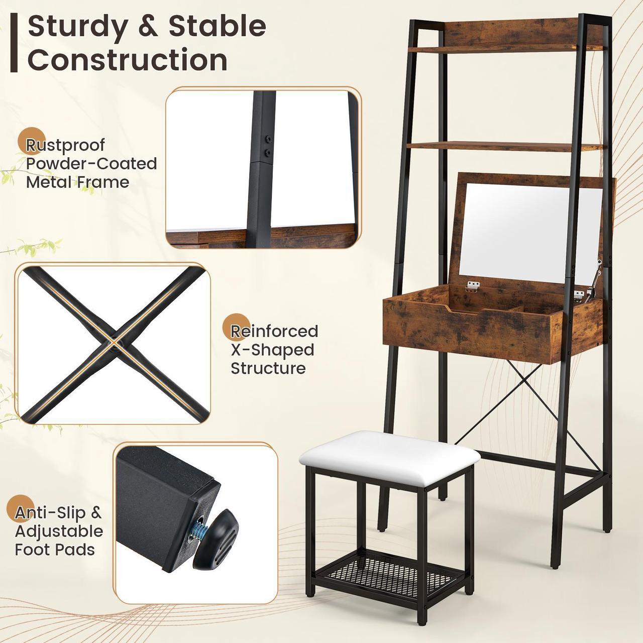 Alt view image 6 of 7 - SlickBlue Ladder Vanity Desk Set with Flip Top Mirror and Cushioned Stool