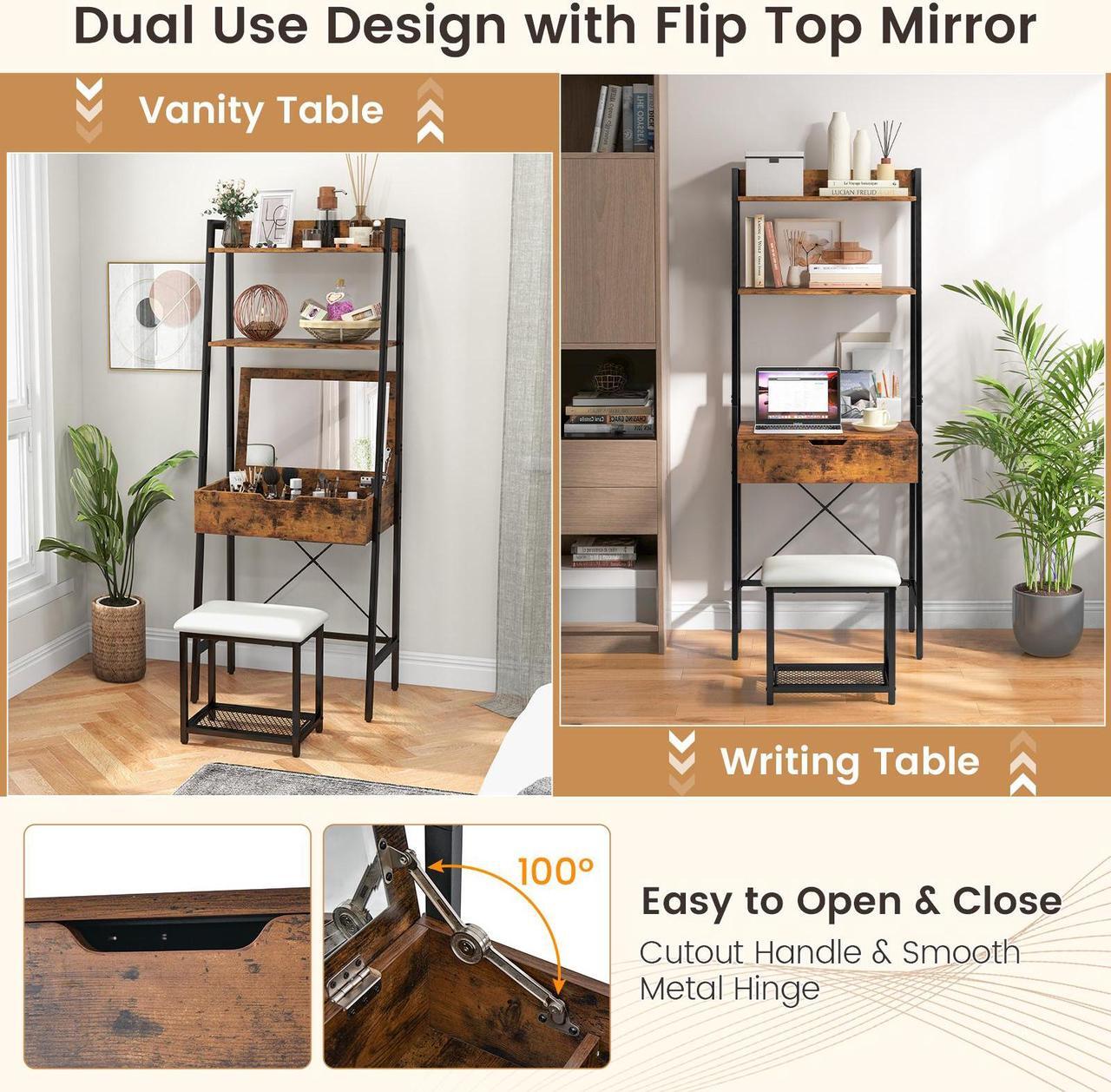 Alt view image 7 of 7 - SlickBlue Ladder Vanity Desk Set with Flip Top Mirror and Cushioned Stool