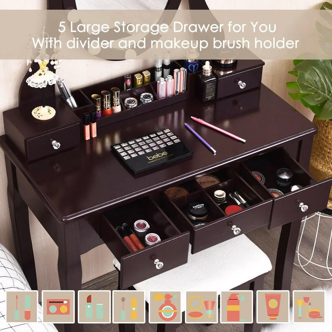 Alt view image 2 of 7 - SlickBlue 10 Dimmable Lights Vanity Table Set with Lighted Mirror and Cushioned Stool