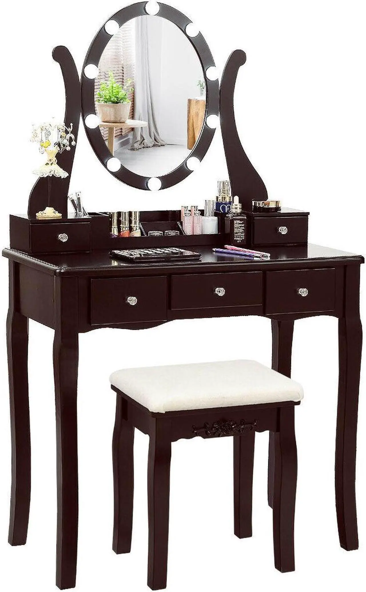 Alt view image 7 of 7 - SlickBlue 10 Dimmable Lights Vanity Table Set with Lighted Mirror and Cushioned Stool