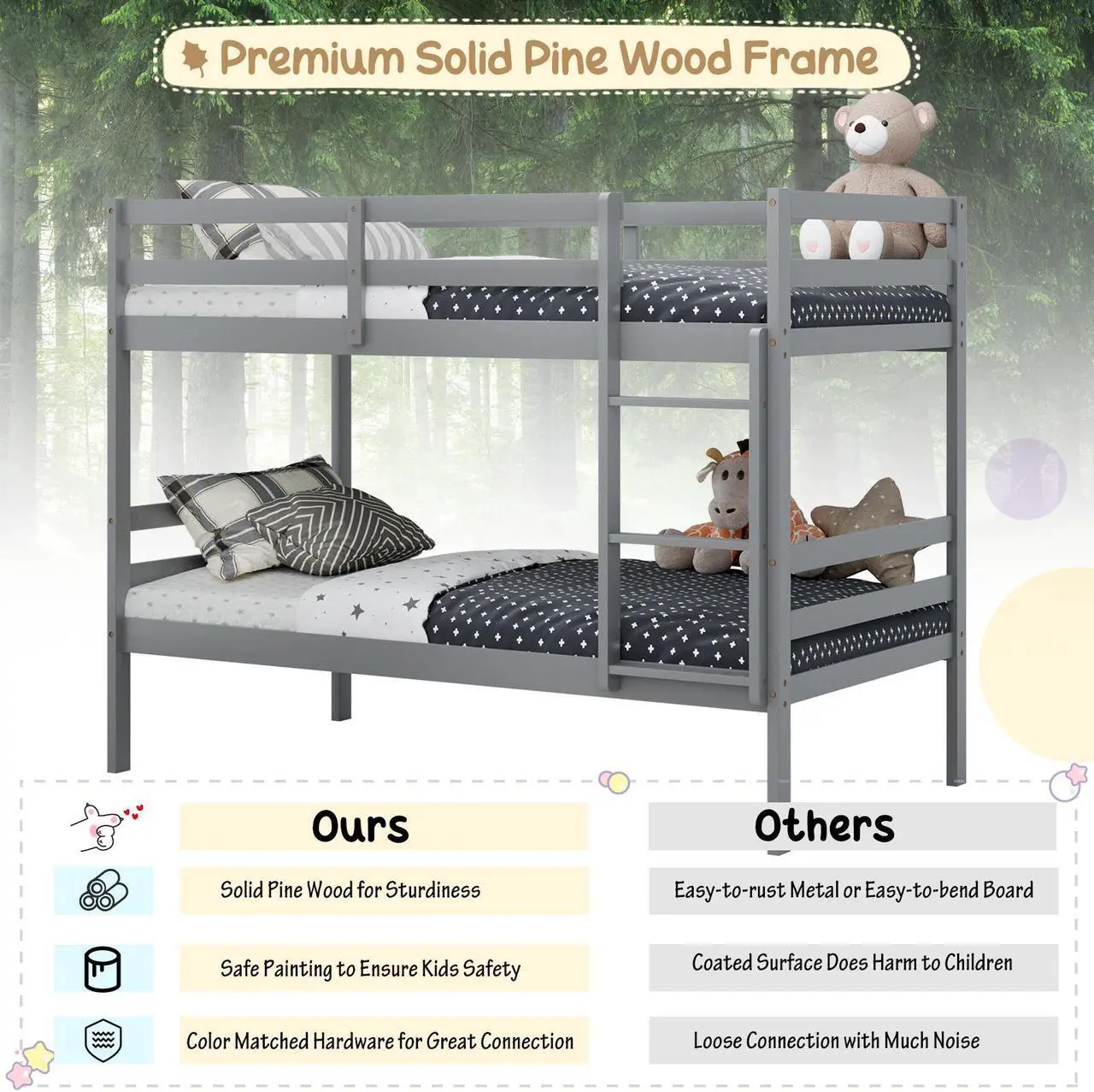 Alt view image 7 of 7 - SlickBlue Bunk Bed Children Wooden Bunk Beds Solid Hardwood